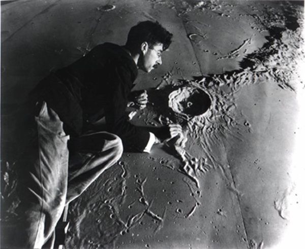 Roger Hayward working on a model of the moon commissioned by the Griffith Planetarium, 1934.