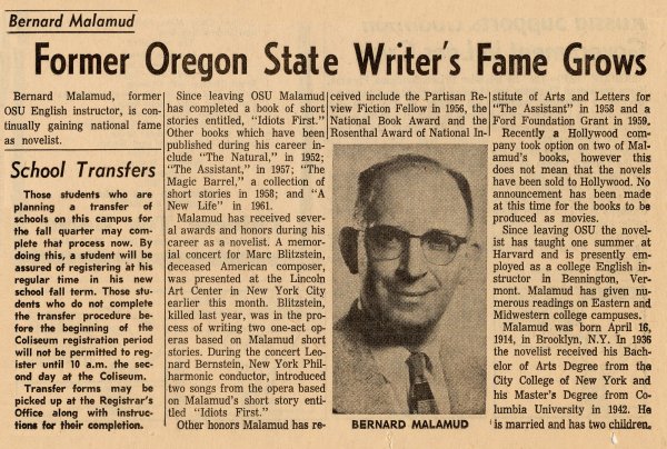 Newspaper clipping: "Former Oregon State Writer's Fame Grows". OSU Daily Barometer, May 22, 1964.