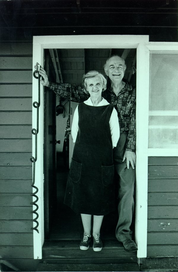 Linus and Ava Helen Pauling standing in the doorway of their cabin at Deer Flat Ranch, Big Sur, California, 1964. Arthur Herzog, photographer.