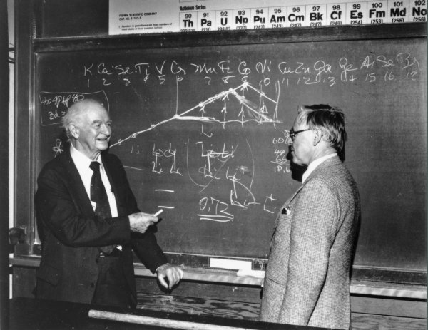 Linus Pauling and David Shoemaker in a Chemistry Department lecture hall, Oregon State University, 1983.
