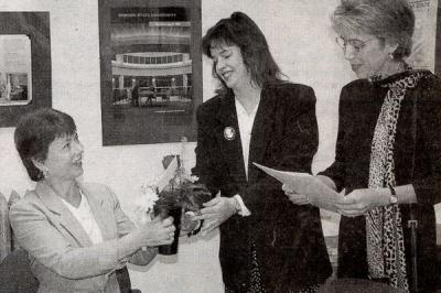 Carol Andrews (left) receiving the OSU Management Associations's Our Heroes Award, November 2001.