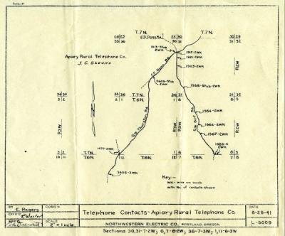 Map of telephone lines run by the Apiary Rural Telephone Cooperative, ca. 1941.