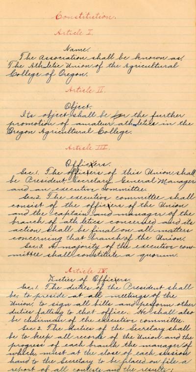 Page one of the constitution of the Oregon Agricultural College Athletic Union, ca. 1900.