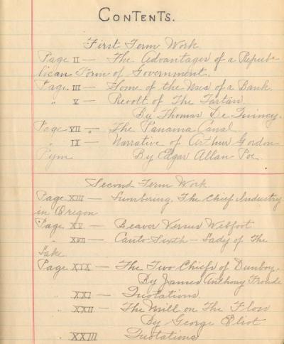 Contents page from Thomas Autzen's English notebook for the 1905-1906 school year.