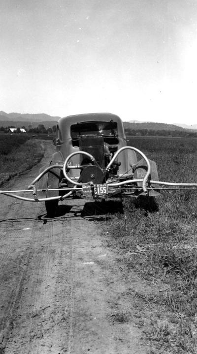 Home-made crop duster on a car, Jackson County, Oregon, ca. 1936.