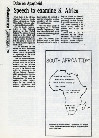 "Dube on Apartheid - Speech to examine S. Africa," OSU Daily Barometer, October 27, 1980.