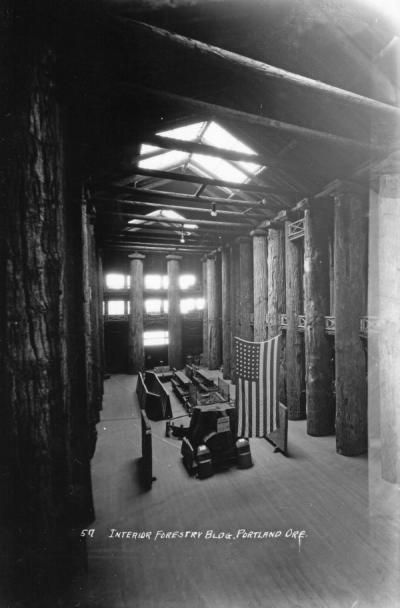 Interior of the Forestry Building constructed as part of the Lewis and Clark Centennial Celebration, Portland, Oregon, 1905.