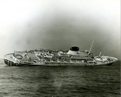 Image of the S.S. Andrea Doria sinking after its collision with the M.S. Stockholm off the coast of Massachusetts, July 25, 1956. Viola Gentle was a passenger on this ship.