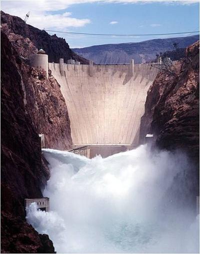 View of Hoover Dam with jet-flow gates open, 1998.