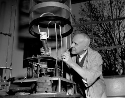 William J. Kroll in the laboratory, February 1958. Kroll was a metallurgist who joined the Oregon State College faculty in 1951. He also founded the non-profit Metal Research Foundation.