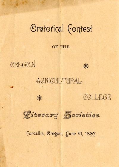 Program created for an oratorial contest sponsored by the OAC literary societies, June 1897.