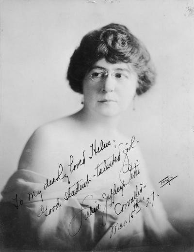 <p>Portrait of Lillian Jeffreys Petri, March 1927. Petri was a professor of piano and music theory. Photo is annotated: "To my dearly loved Helen [Plinkiewisch]: Good student - talented girl. Lillian Jeffreys Petri,</p><p>				Corvallis, Mar. 15th '27."</p>