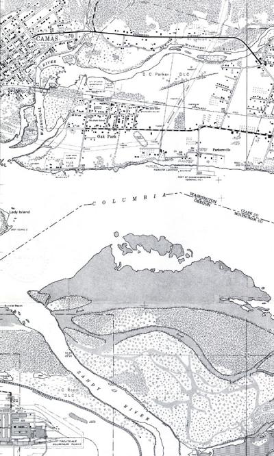 Segment of a planimetric map of Camas, Washington.