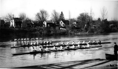 The crew team on the Willamette River, 1935.