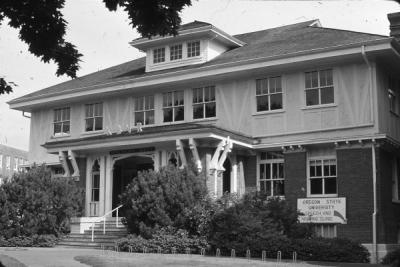 Shepard Hall, 1960s. Entryway reads KBVR; to the right is a sign reading "Oregon State University Speech and Hearing clinic."