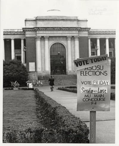 Memorial Union sign advertising student government elections, March 1971.