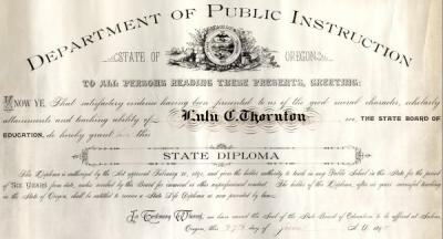 Diploma awarded to Lulu Thornton by the Department of Public Instruction, 1895.