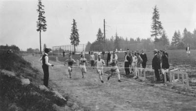 The finish line of an unidentified track and field race, ca. 1920s.