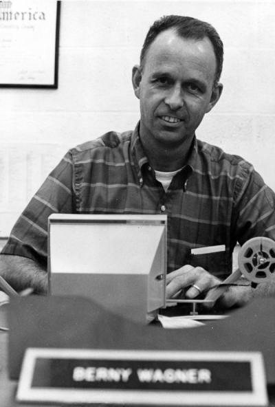 Berny Wagner reviewing film, 1969.