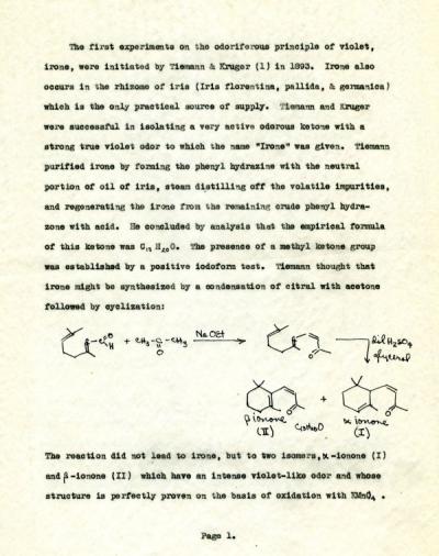 Page one of "On the Proof of Structure and Synthesis of Irone," a review written by J.M. Witt for  290 (April 1949).
