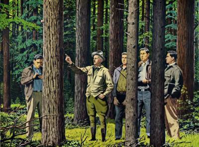 <p>Color reproduction of a painting depicting George Peavy with a group of students, ca. 1955. Painting by Fred Ludekens. The painting of Peavy, made posthumously by the Weyerhauser Timber Company, was used extensively in</p><p>				advertisements in trade journals and the popular press, including .</p>