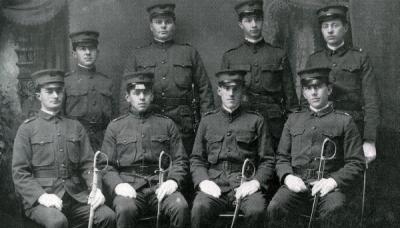 Image from the O.A.C. Cadets 1908-1909 photo book. First Lieutenant Frank Edward Hall is pictured back row, third from left.
