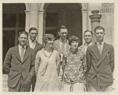 Associated Students officers for 1926-27 who were elected without opposition. From left to right: Richard Bert Fehrens, Pres.; Mark Evans, chairman of the Honor Council; Eugenia Vilm, Greater OSC Comm.; Alva MacMillan, Barometer editor; Margaret Watt, Secretary; Donnell Henderson, Pres. MU; Dallas Ward, 1st Vice Pres.
