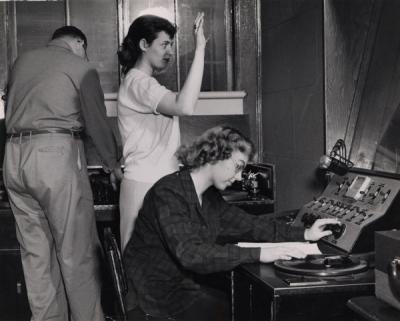 Students producing a radio program, ca. 1950s.