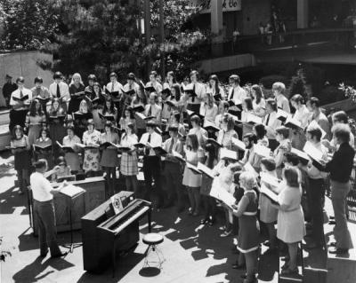 Choralaires singing at the Lloyds Center shopping mall, Portland, Oregon, 1972.
