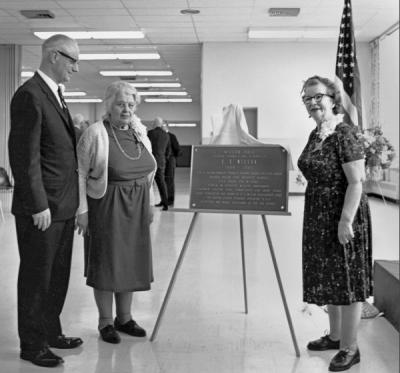 President James H. Jensen and Dean Vera Brandon (at left) at the dedication of Wilson Hall dormitory, 1965. Jensen served as President of Oregon State University from 1961-1969.