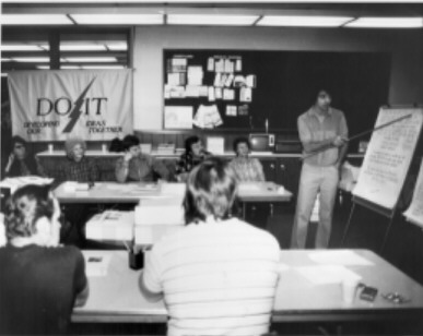 Productivity workshop, ca. 1983 Established in 1980 to promote and highlight the issue of productivity and efficiency among small and medium-size Oregon businesses, the Oregon Productivity Center (OPC) conducted productivity management workshops throughout the state like the one pictured here.