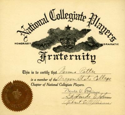 National Collegiate Players Membership certificate awarded to Norma Potter, ca 1920s.