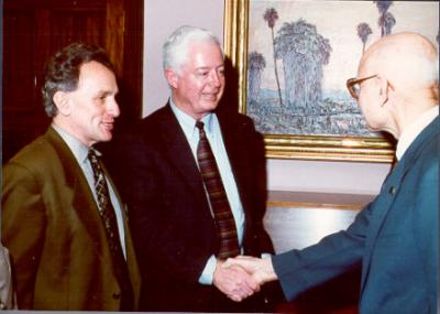 University Honors College Director Joe Hendricks and President Paul Risser (center) at a Triad Club meeting, 1996. Risser assumed the presidency of OSU in January 1996 after serving three years as President of Miami University in Ohio. In addition to his work in university administration, Risser also taught university level botany before coming to OSU. As President, Risser emphasized the need for increased marketing and student recruitment and retention at OSU.