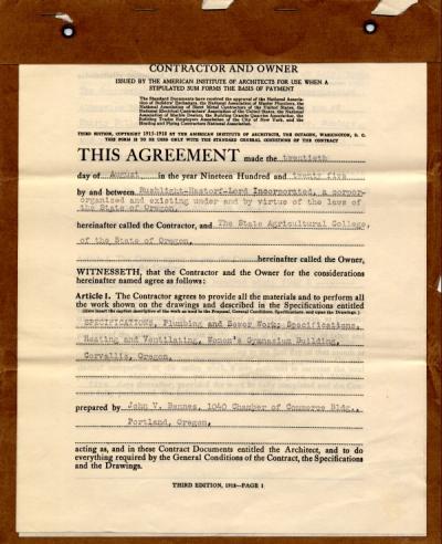 Contract outlining the terms of construction of the OAC women's gymnasium, ca. 1925.