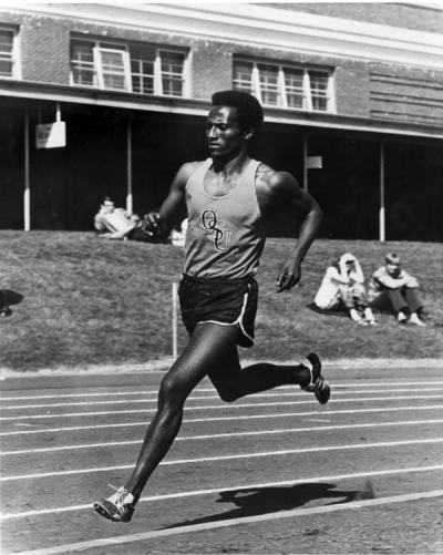Hailu Ebba running the 800 meters, 1972. Ebba finished in a time of 1:48.9 in this race, a duel against the University of Washington. At that juncture, Ebba's time was the best on the West Coast for 1972.