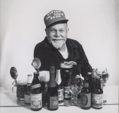 Fred Eckhardt with the beers he loved, 1992