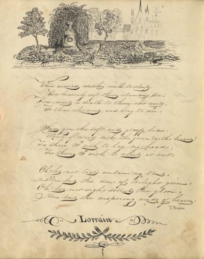 An ink drawing and verse from the Henrietta Singer Autograph Book, circa 1830.