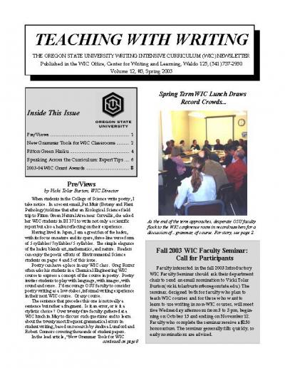 Teaching with Writing Newsletter, Spring 2003