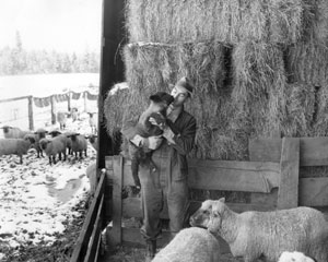 Farmer Bill Dickman admiring his early lamb, ca. 1940s.