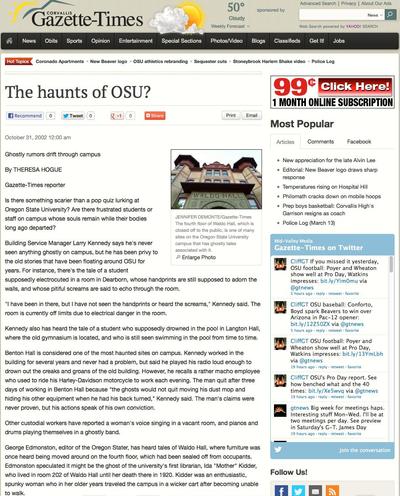<em>Gazette Times</em> "The Haunts of OSU?" Article, 2002
