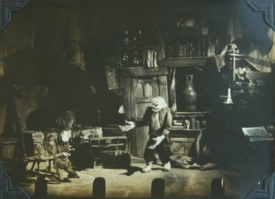 Black and white photograph of a scene from &quot;The Sorcerer&#039;s Apprentice&quot; puppet show.
