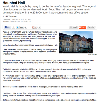<em>Daily Barometer</em> "Haunted Hall" Article