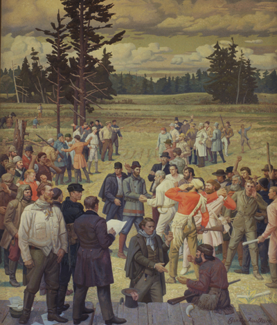 &quot;Champoeg, 1843&quot; mural in mounted in the Oregon House of Representatives, State Capitol, Salem, Oregon